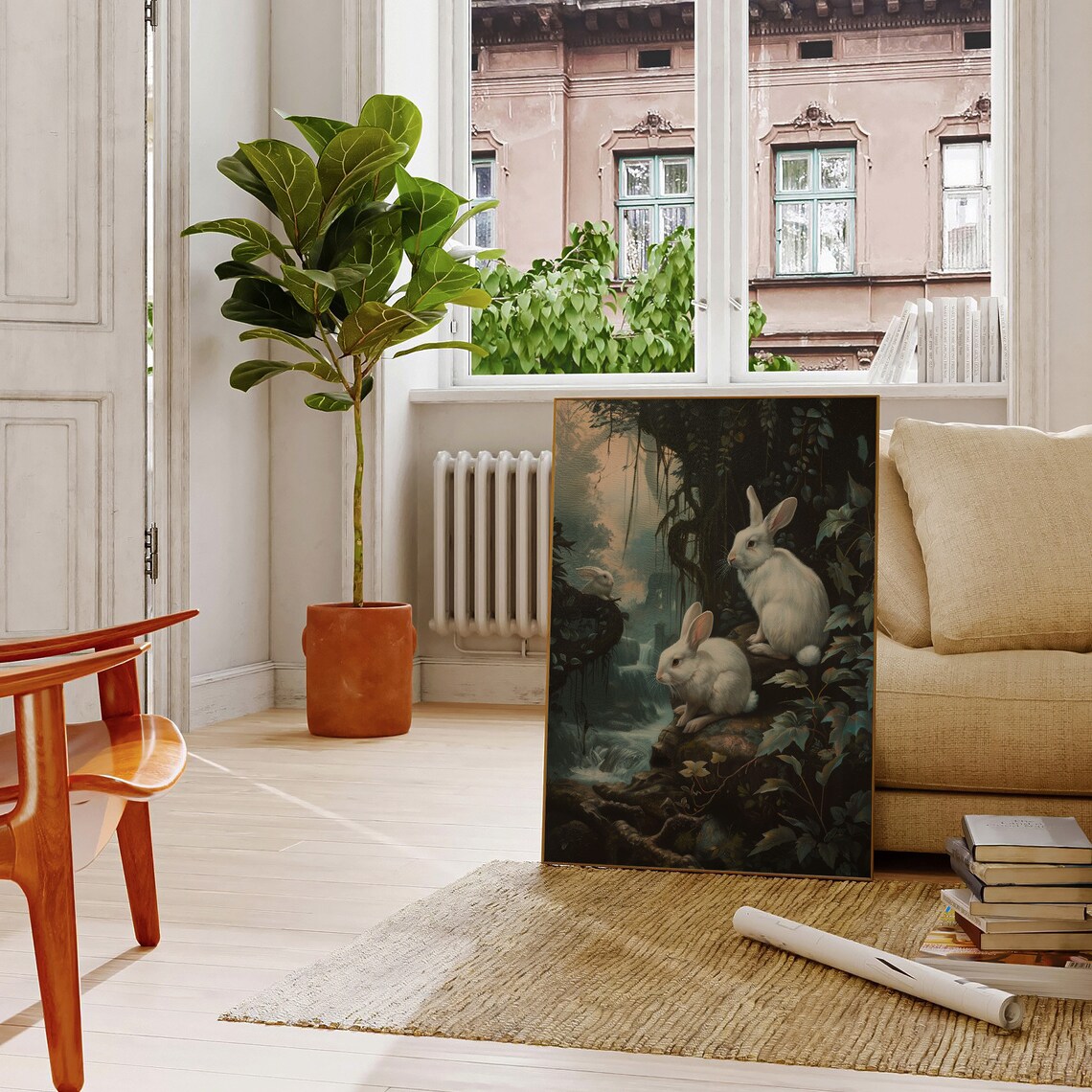 White Rabbits Misty Forest Stream Dark Woodland Animal Painting Poster - Image 4