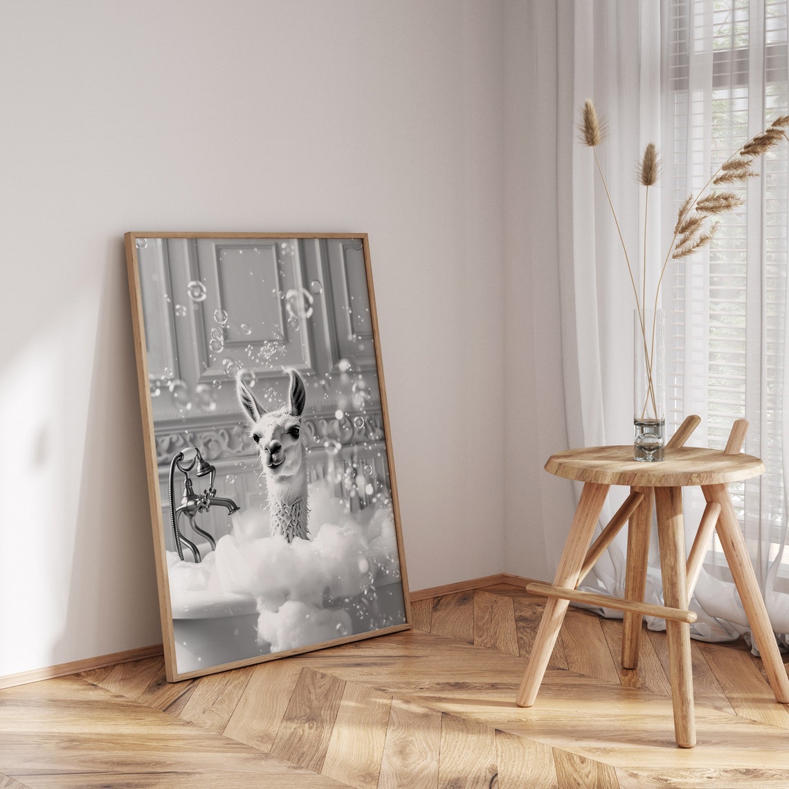 Llama Bubble Bath Black and White Funny Animal Gold Frame Art Poster - Image 3