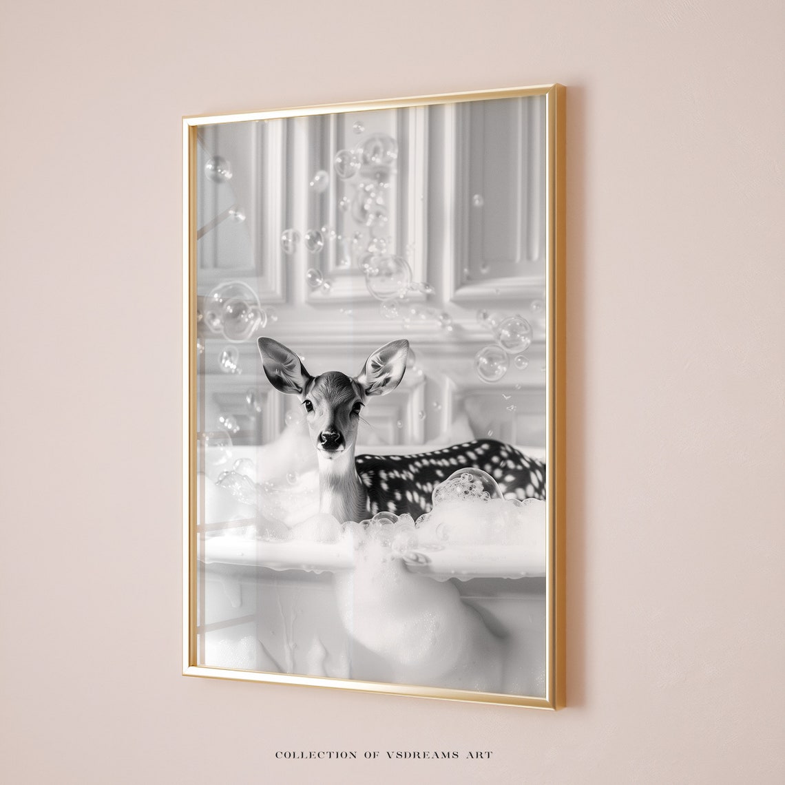 Spotted Fawn Deer Bubble Bath Black and White Cute Animal Art Poster