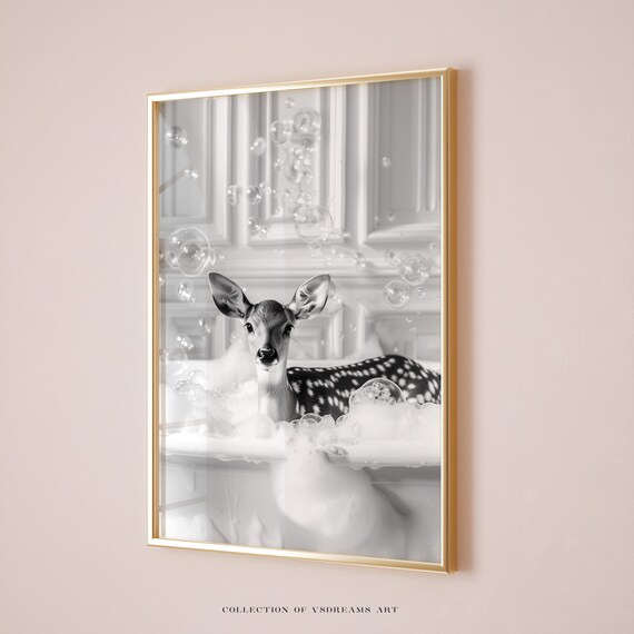 Spotted Fawn Deer Bubble Bath Black and White Cute Animal Art Poster