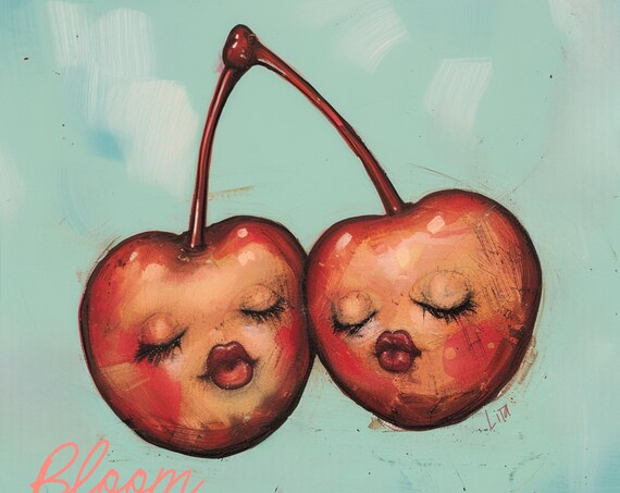 Cherry Besties Print Drupes Stone Fruits Fruit Art Cozy Girl Cottagecore Whimsical Art Line Art Cozy Girl Art Best Friend Art