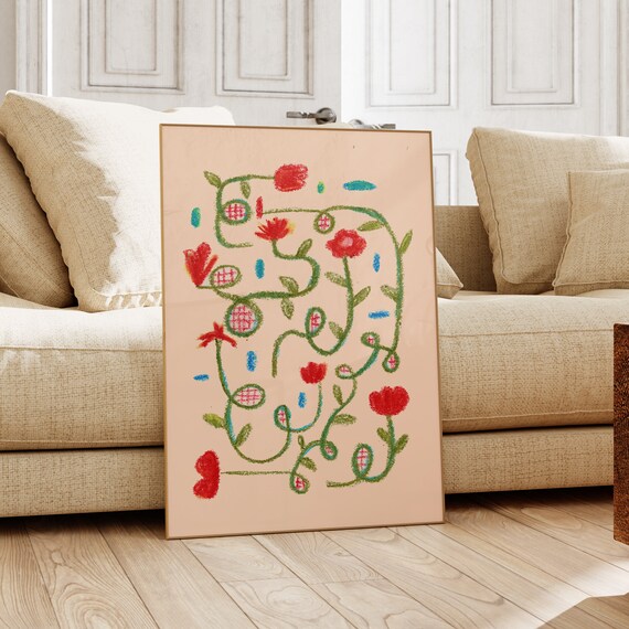 Colorful Abstract Floral Print Crayon Pastel Botanical Wall Art
