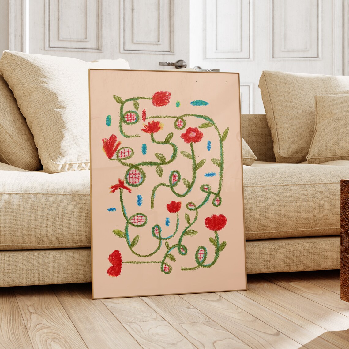 Colorful Abstract Floral Print Crayon Pastel Botanical Wall Art