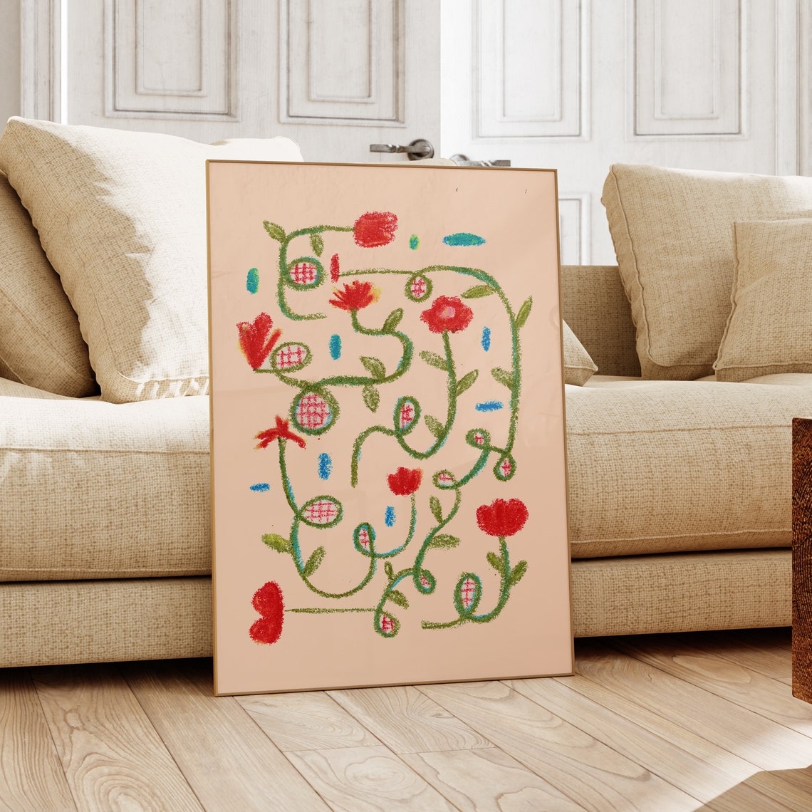 Whimsical Playful Floral Vine Crayon Doodle Pastel Botanical Poster