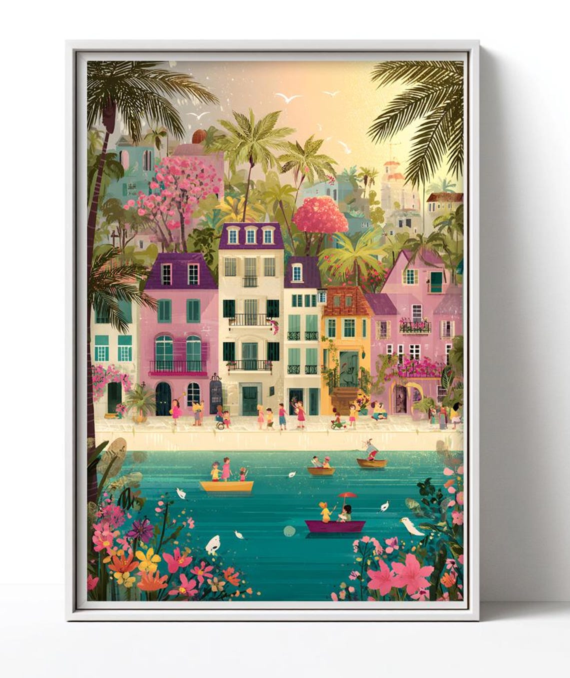Colorful Summer Beach Town Pastel Seaside Harbor Scene Art Poster
