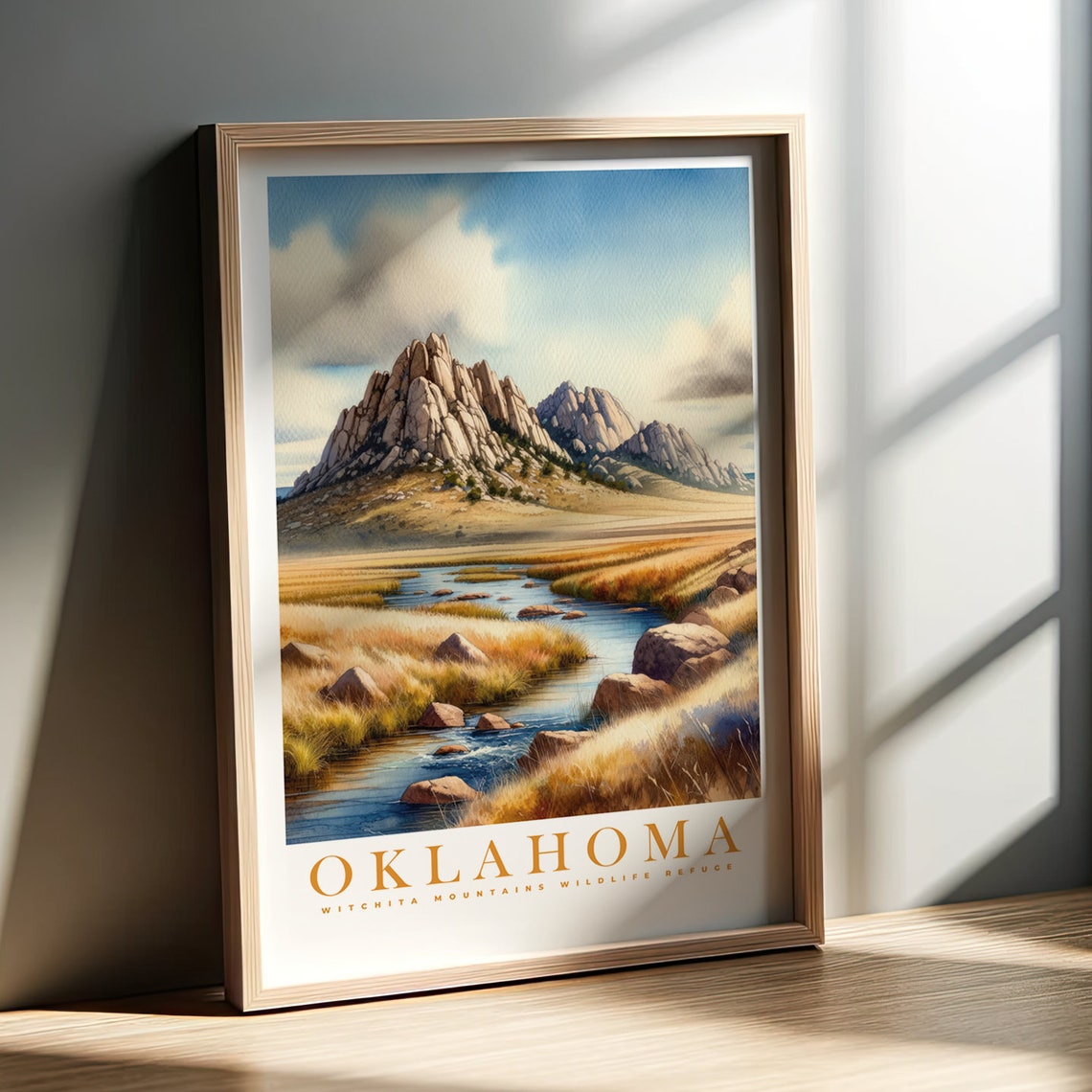 Oklahoma Wichita Mountains Wildlife Refuge Watercolor Poster