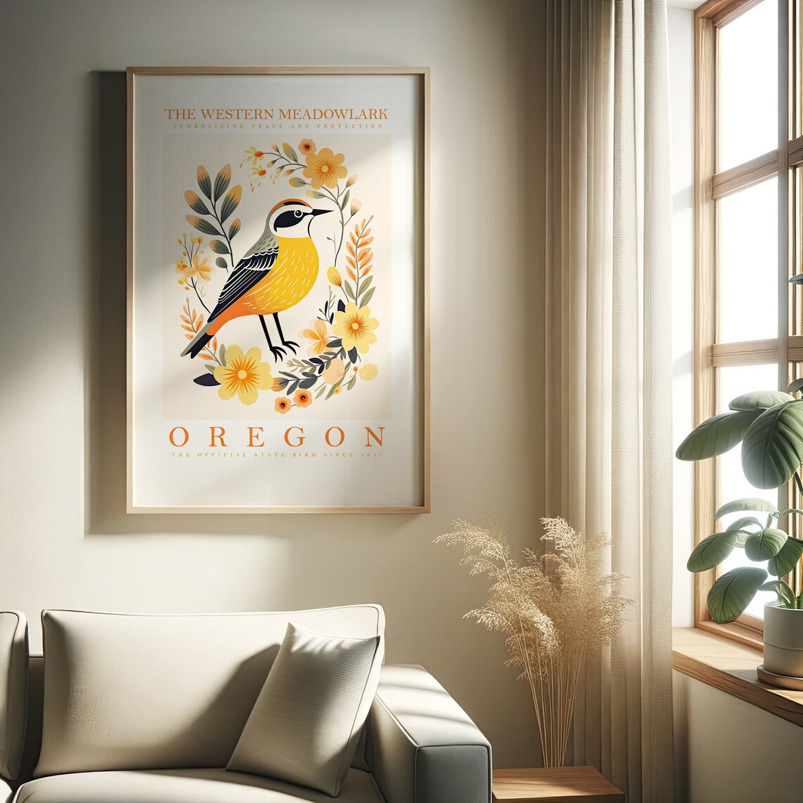 Oregon State Meadowlark Art Print, Cute Bird Poster