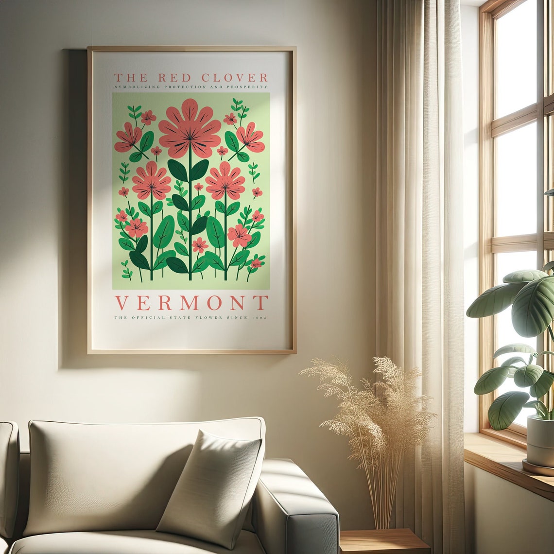 Vermont State Flower Red Clover Botanical Floral Illustration Poster