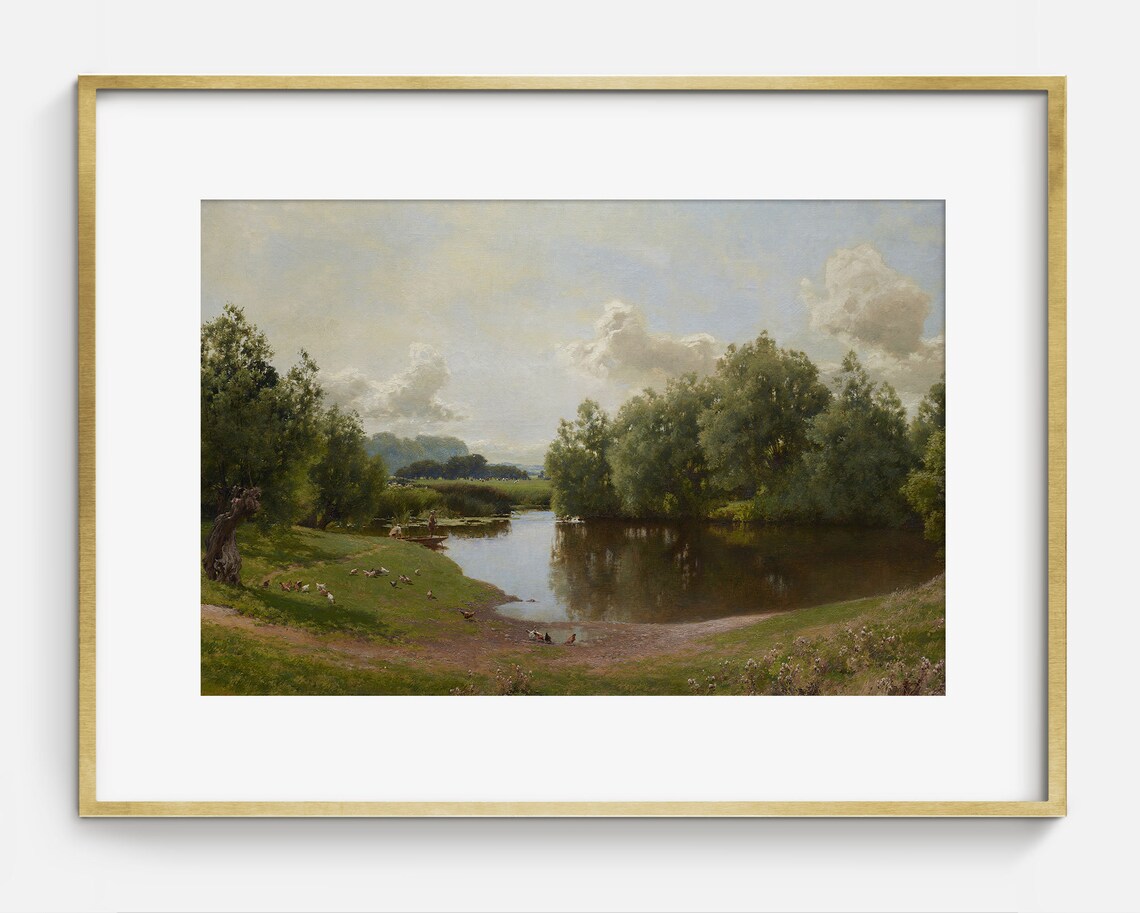 Vintage Farm Pond Landscape, Antique Oil Painting - Image 2
