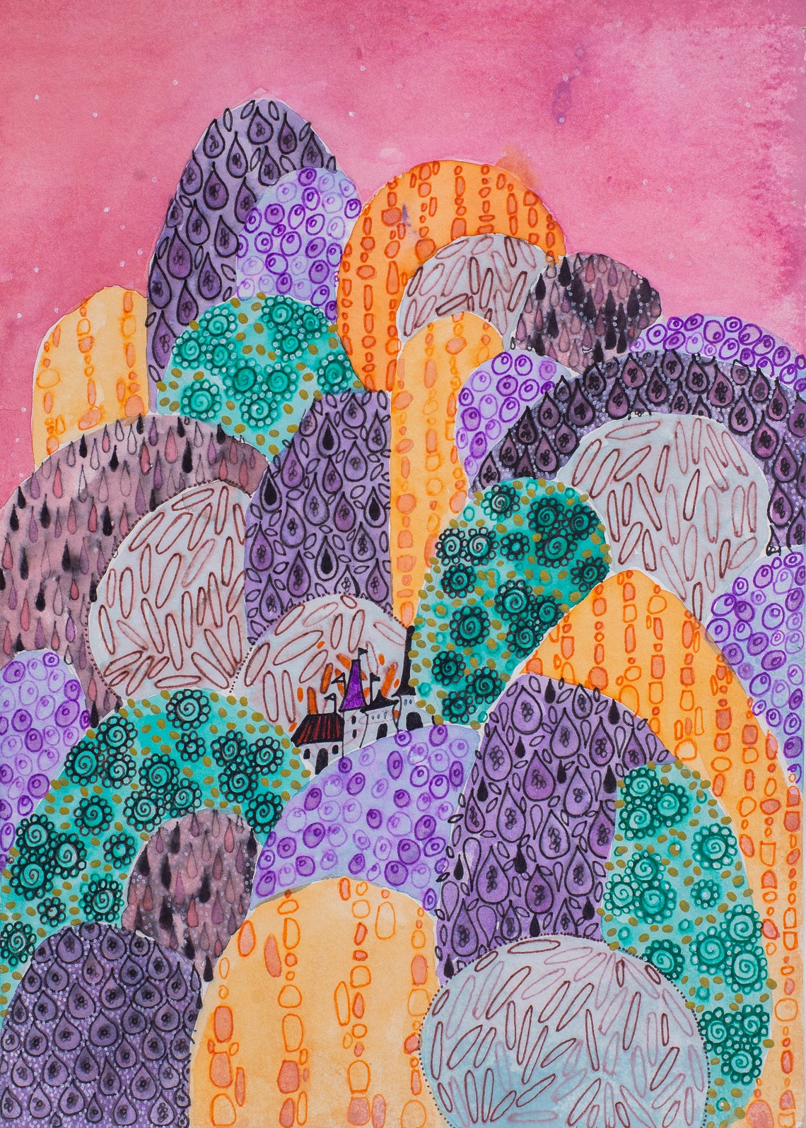 Pink Doodle Hills Whimsical Patterned Landscape Watercolor Poster - Image 4