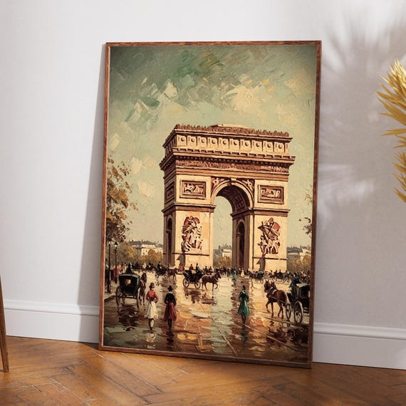 Vintage Matte Paris Triumphal Arch Oil Painting Style Print Art Nostalgic France Themed Travel Poster Home Office Decor