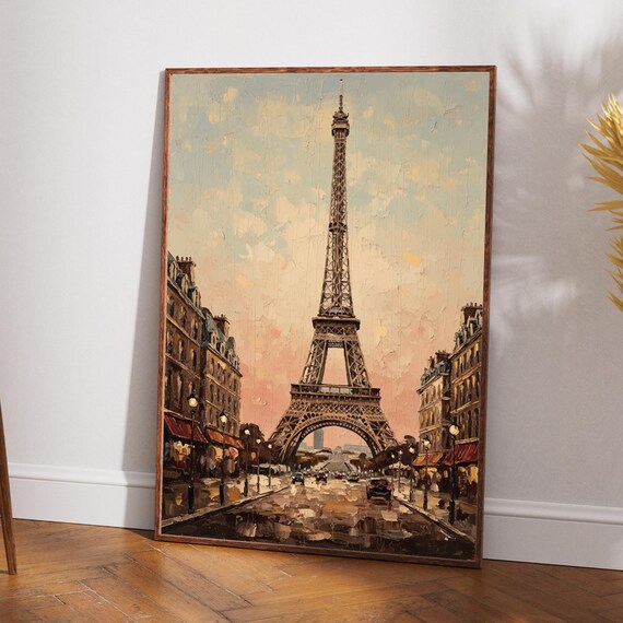Eiffel Tower Paris Street Scene Vintage Matte Oil Painting Style Poster