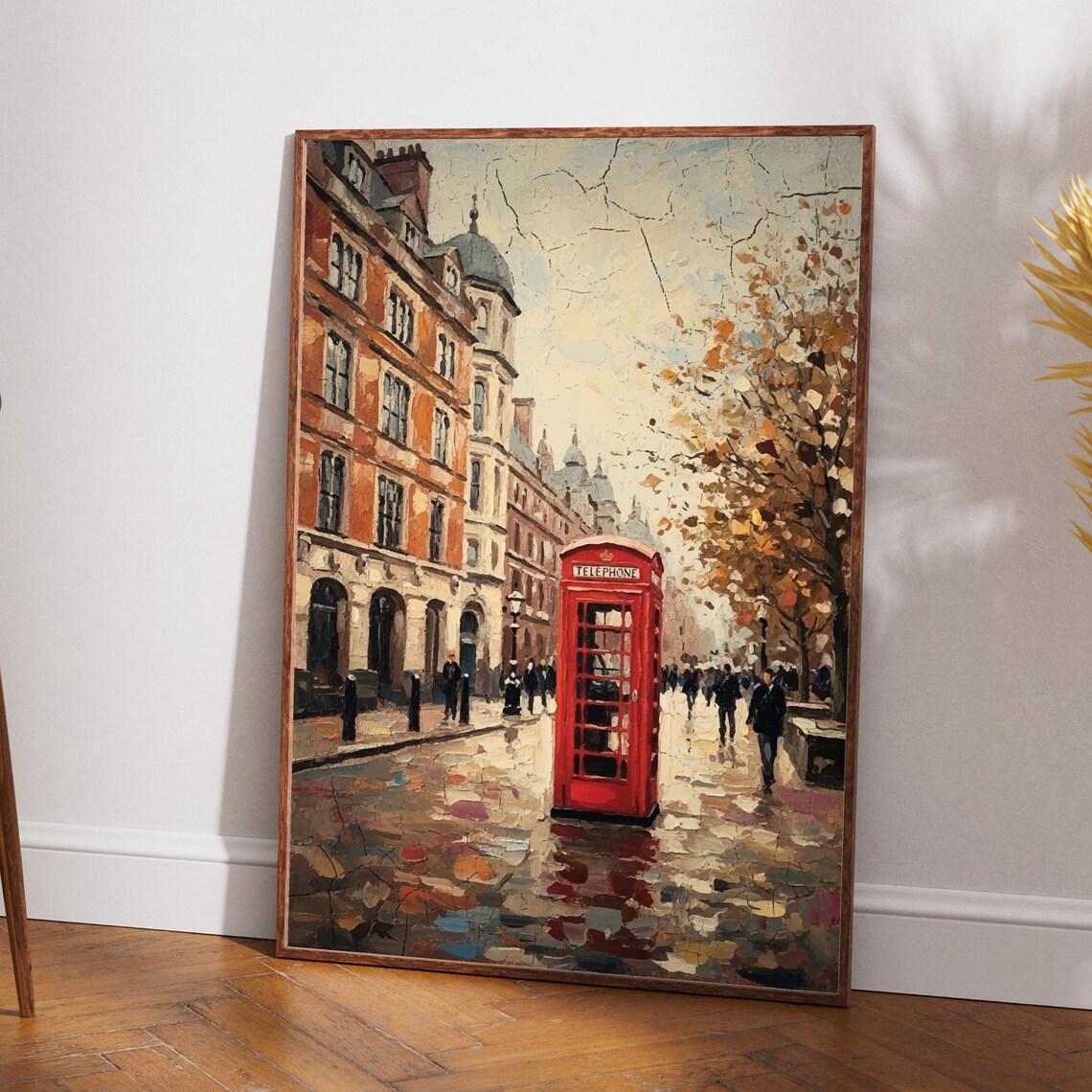 London Red Telephone Booth Rainy Street Vintage Oil Painting Poster