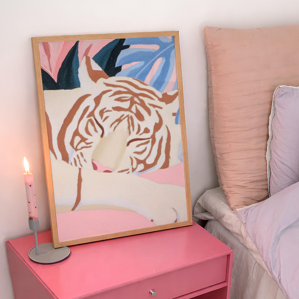 Sleeping White Tiger Maximalist Colorful Jungle Style Animal Poster