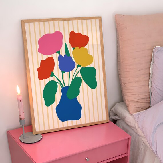 Colorful Abstract Flowers Blue Vase Matisse Style Bouquet Wall Art