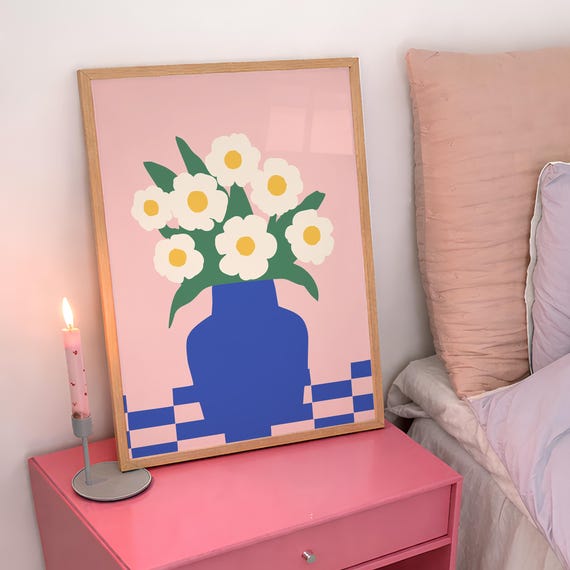 Retro Daisies Flower Vase Print Pink Blue Dopamine Decor Girl Apartment Art Digital Download