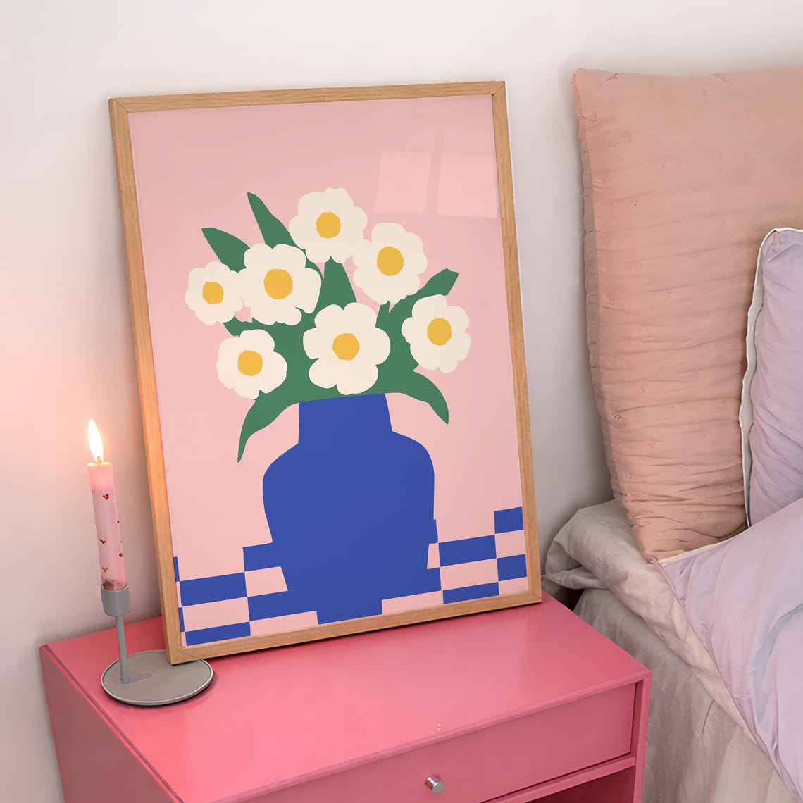 Retro Daisy Flower Blue Vase Pink Dopamine Decor Artwork Poster