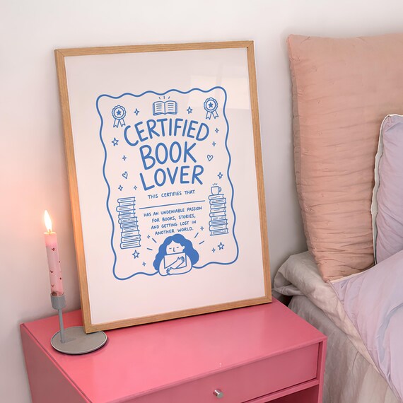 Certified Book Lover Certificate Blue Line Art Reader Wall Art