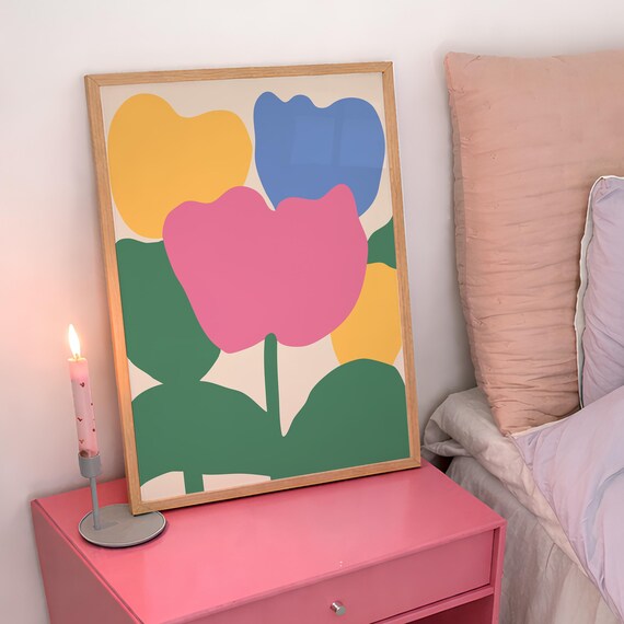 Bold Colorful Abstract Tulips Pink Yellow Blue Modern Art Poster