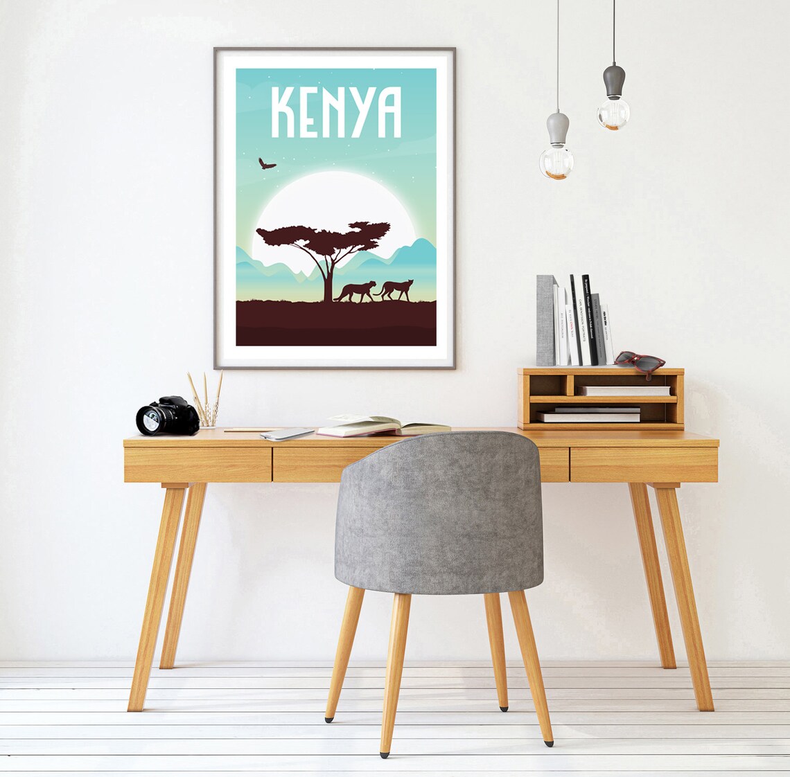 Kenya Safari Acacia Tree Big Cats Sunset Silhouette Travel Poster - Image 2