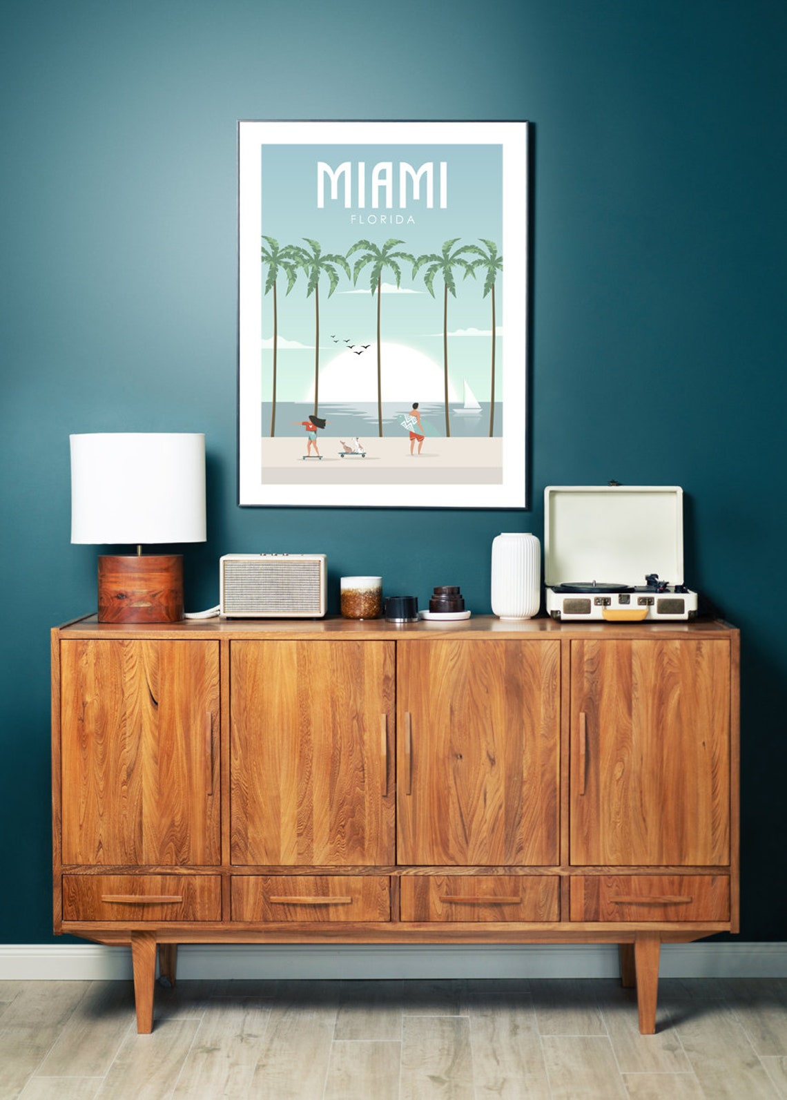 Miami Florida Beach Palms Surfer Skateboard Retro Travel Poster - Image 2
