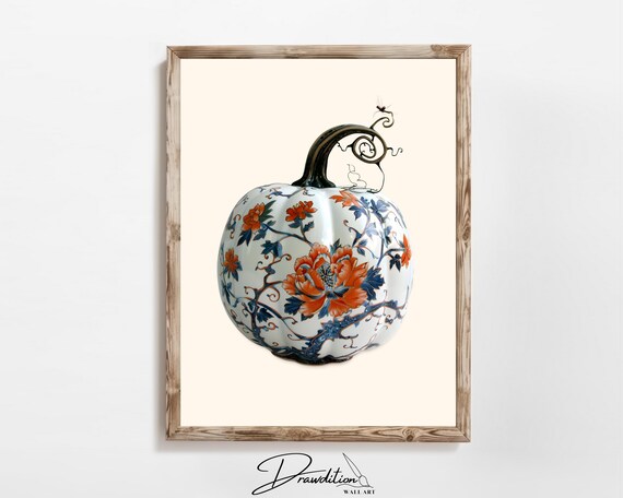 White Pumpkin Orange Blue Floral Chinoiserie Fall Decor Poster
