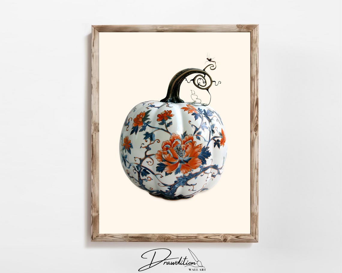 White Pumpkin Orange Blue Floral Chinoiserie Fall Decor Poster