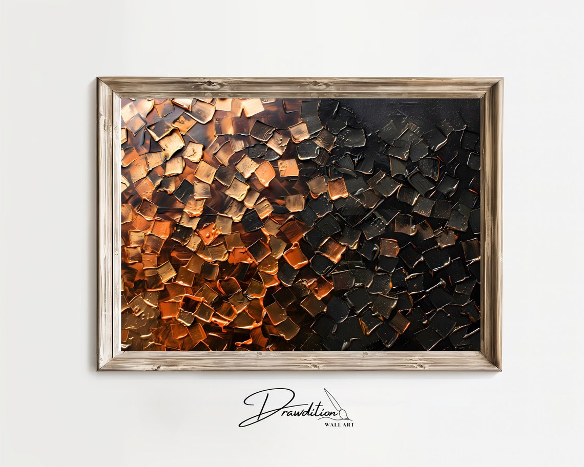 Orange Black Abstract Impasto Metallic Textured Industrial Wall Art
