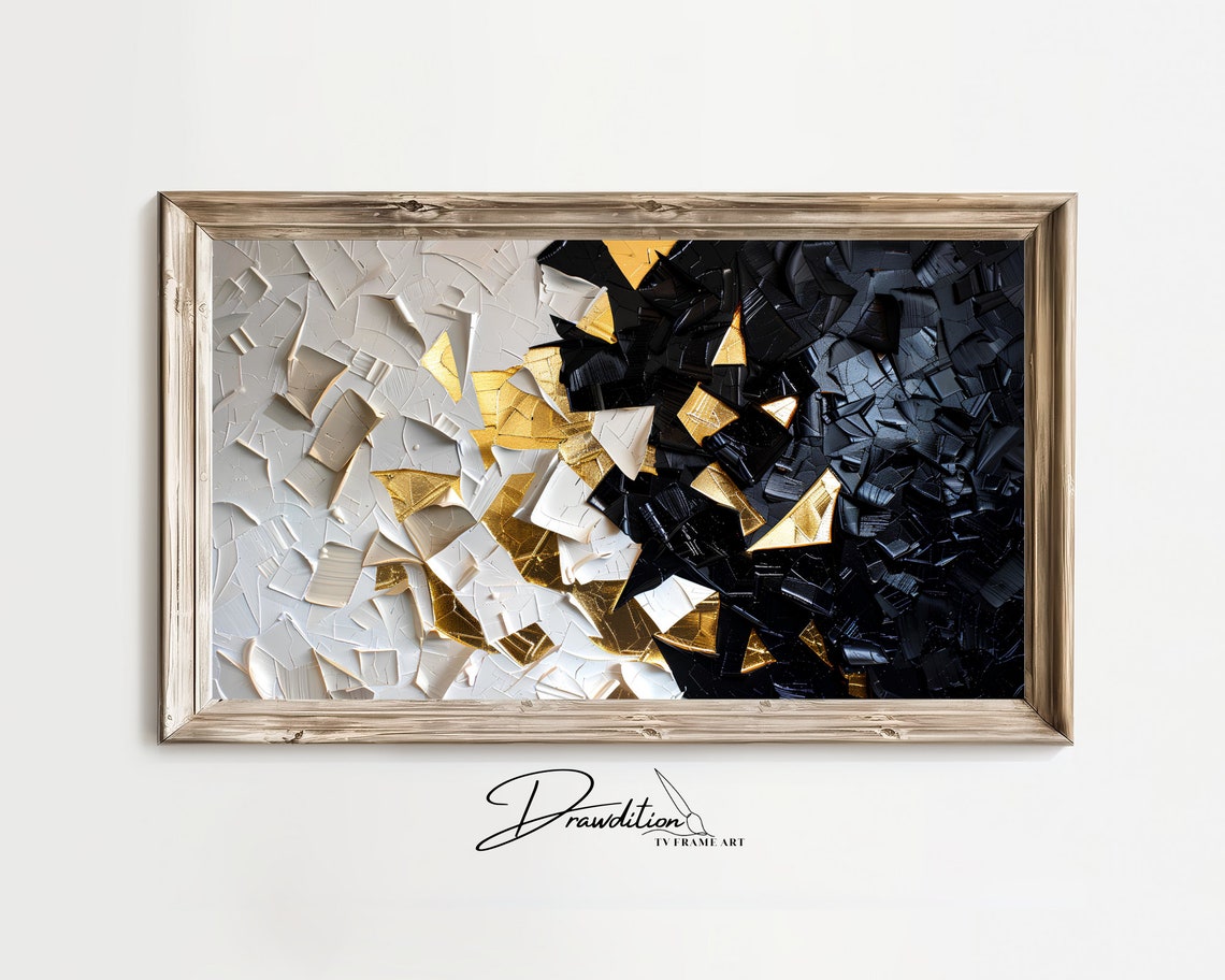 White Black Gold Cracked Mosaic Geometric Luxe Abstract Art Print