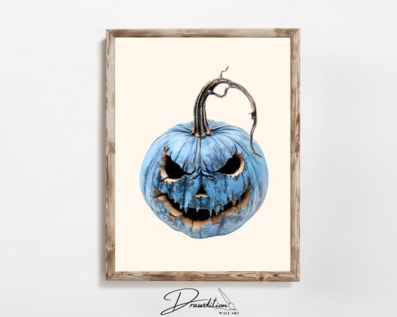 Blue Carved Spooky Jack O Lantern Angry Face Halloween Poster