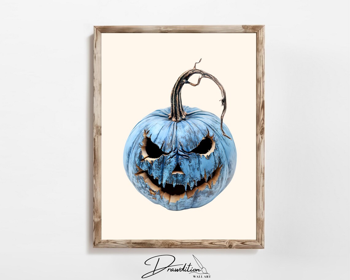 Blue Carved Spooky Jack O Lantern Angry Face Halloween Poster