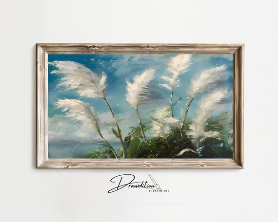 Coastal Pampas Grass Plumes Blue Sky Breeze Botanical Art Poster