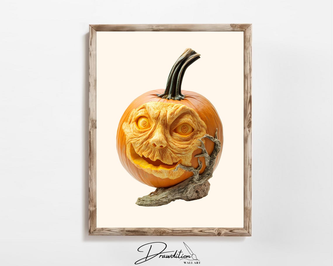 Orange Pumpkin Carved Creepy Grinning Face Spooky Halloween Poster