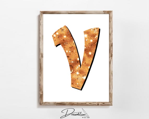 Disco Orange Letter V Print Orange Trendy Personalized Monogram Wall Art Disco Cowgirl Dorm Decor Preppy Poster Teen Room