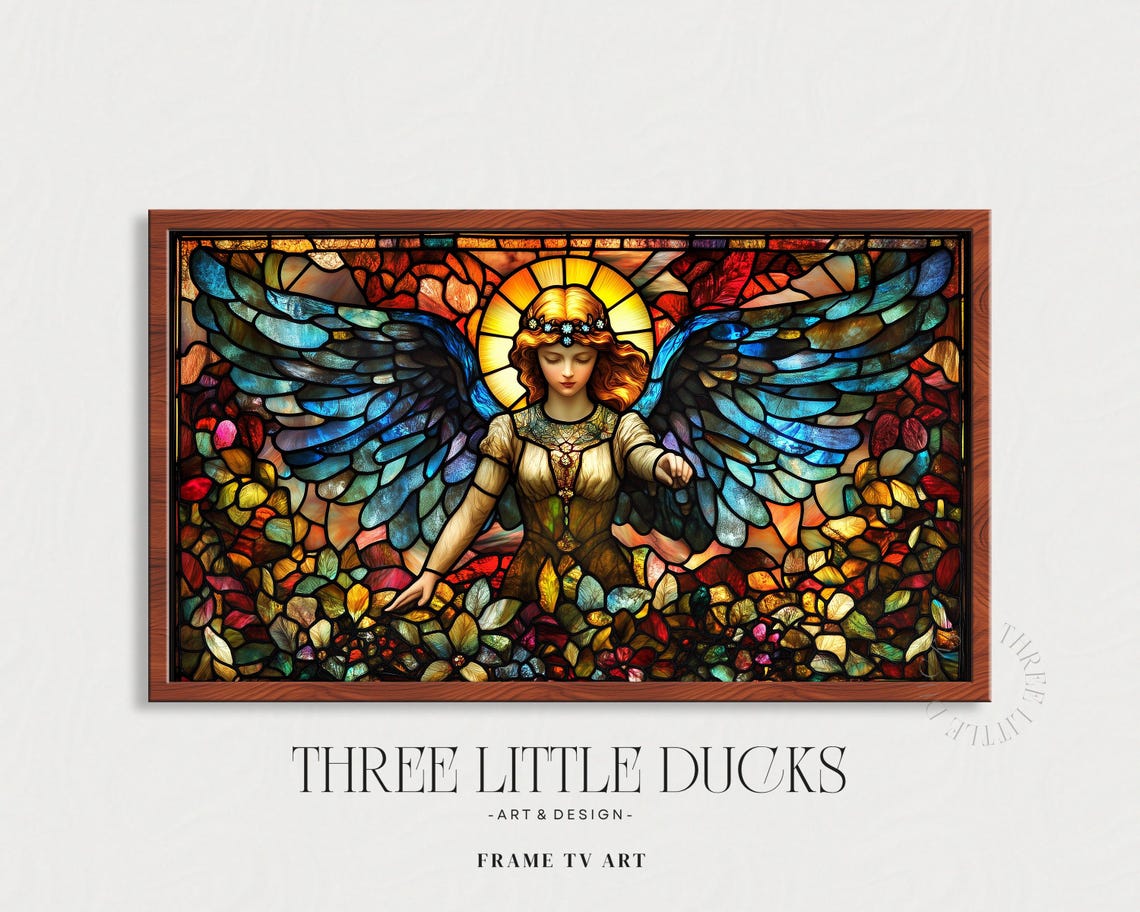 Victorian Stained Glass Angel Blue Wings Autumn Frame TV Wall Art