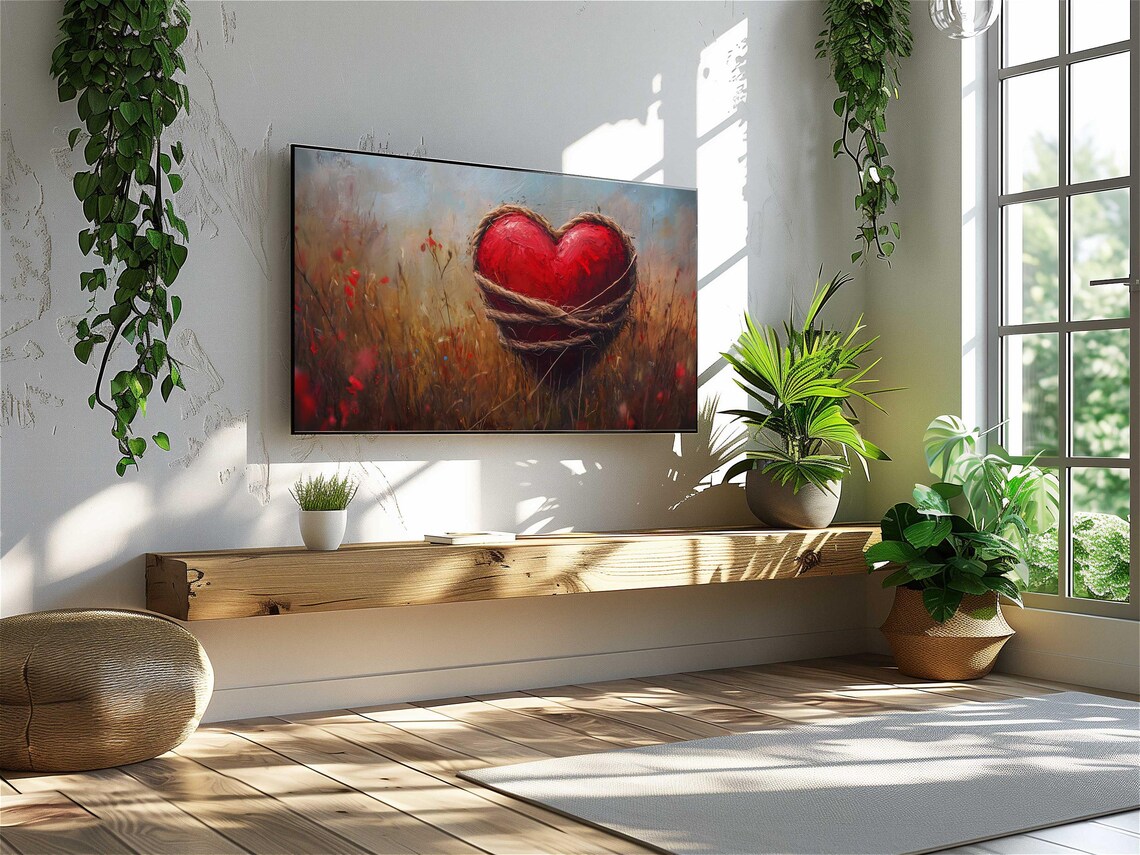 Red Heart Wrapped Twine Poppy Field Textured Oil Painting Poster - Image 5