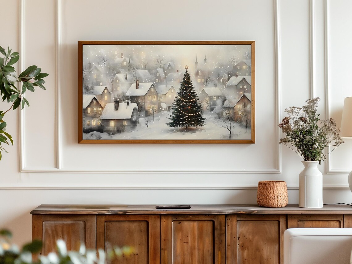 Christmas Tree Frame TV Art, Snowy Winter Village - Image 6