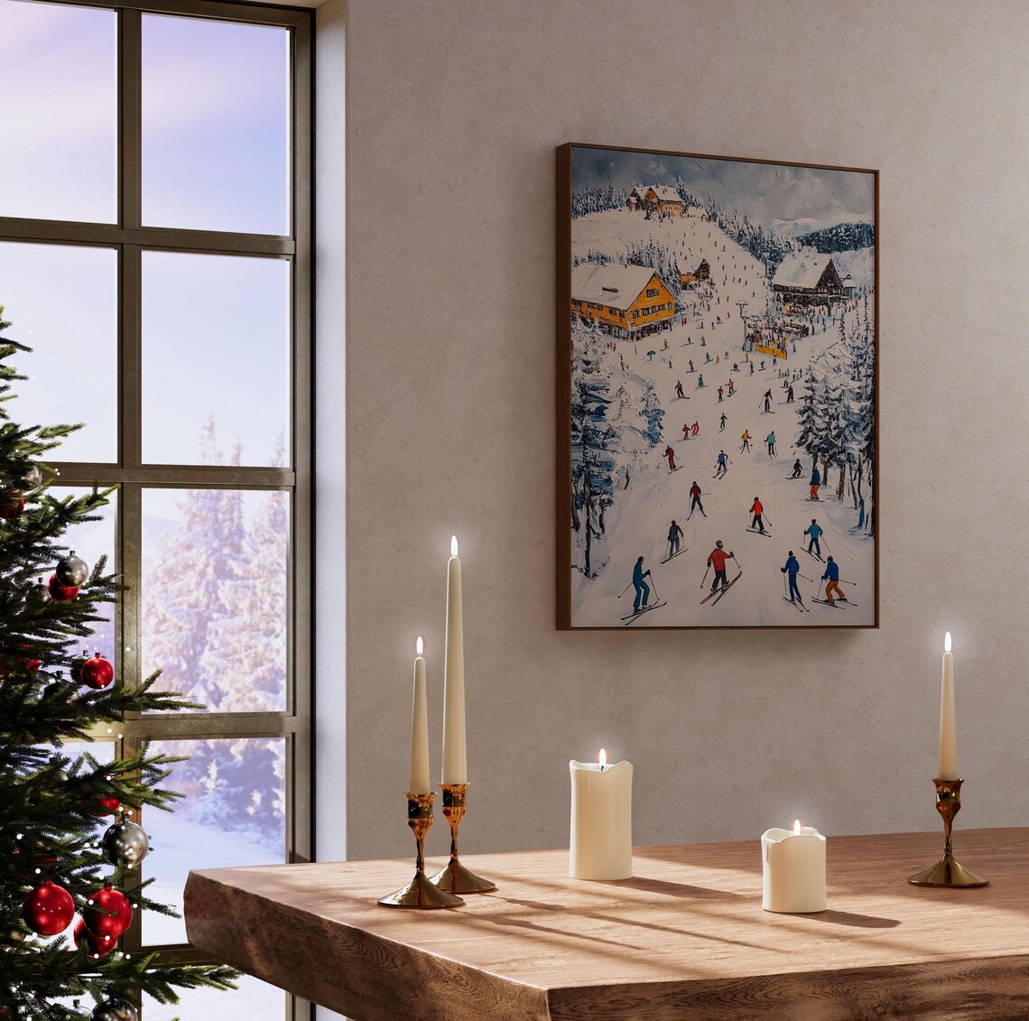 Ski Resort Winter Slopes Crowded Skiers Alpine Village Oil Poster - Image 4