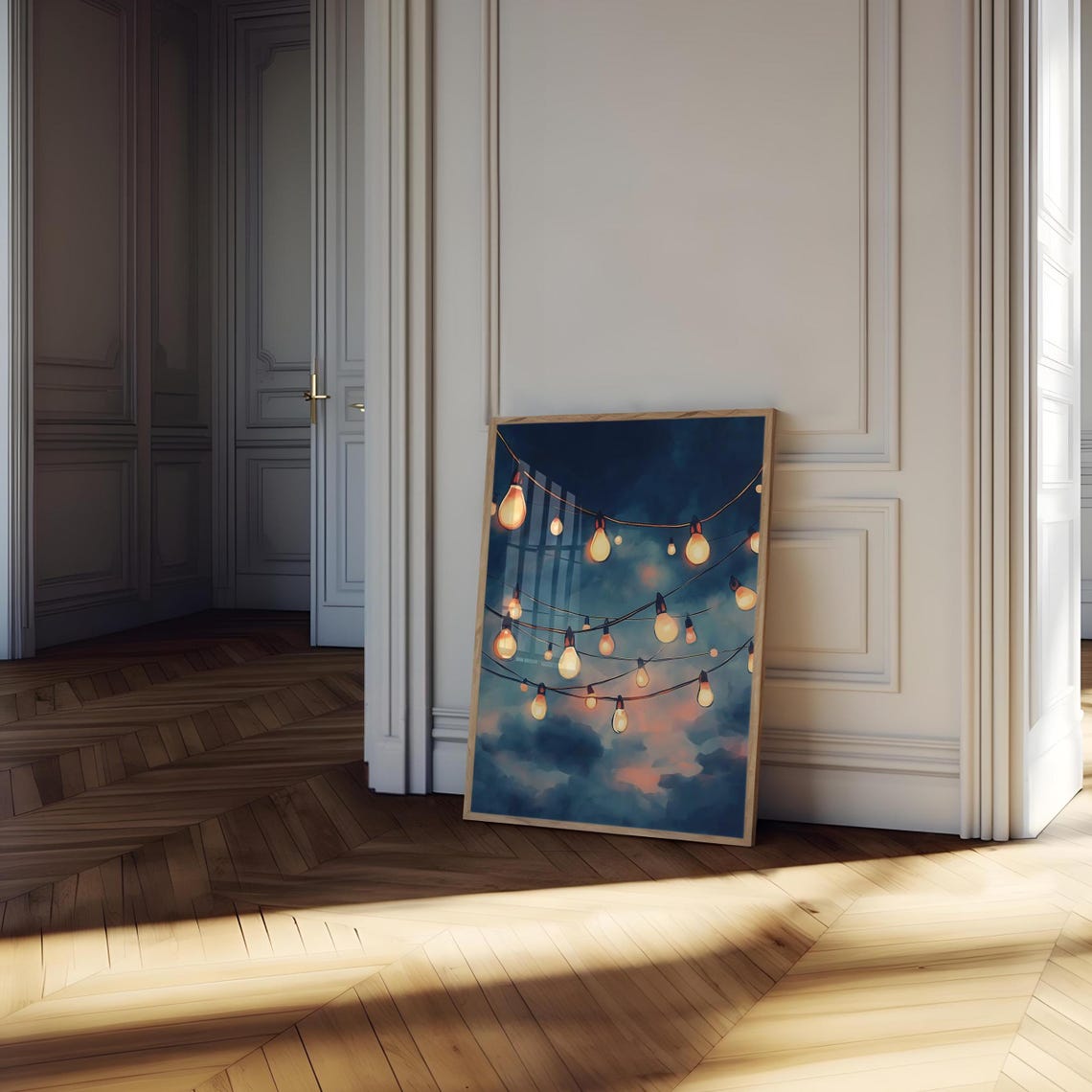 Glowing String Lights Against Moody Night Sky Watercolor Style Poster - Image 4
