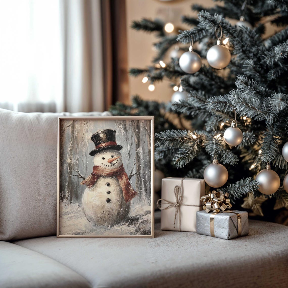 Smiling Snowman In Top Hat And Red Scarf In Winter Snowfall Poster - Image 3