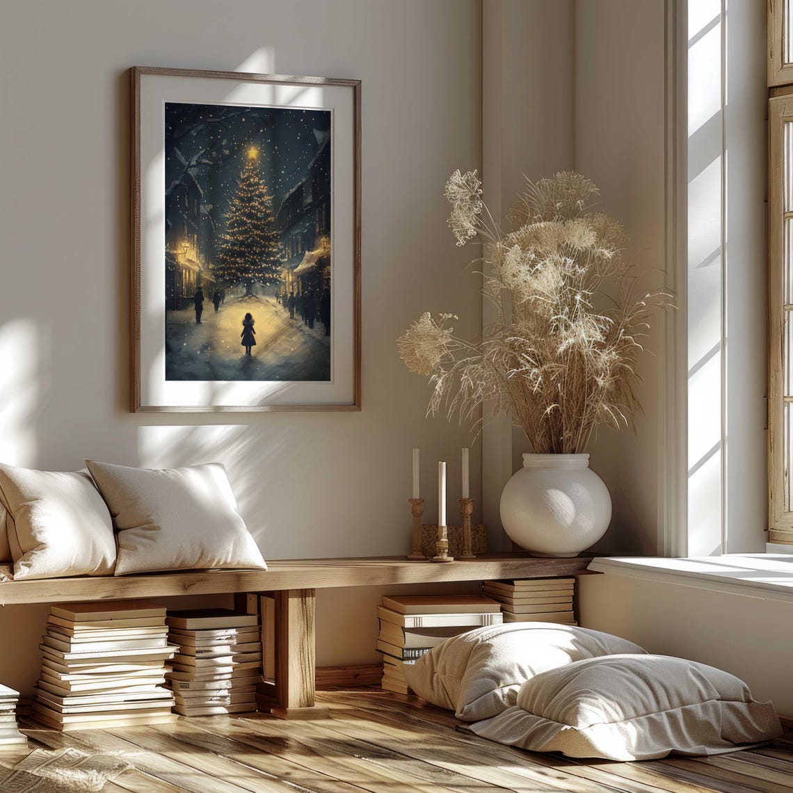 Moody Christmas Wall Art Snowy Aesthetic Oil Painting Christmas Tree Night Art Girl Outside Christmas Print Winter Art Instant - Image 3