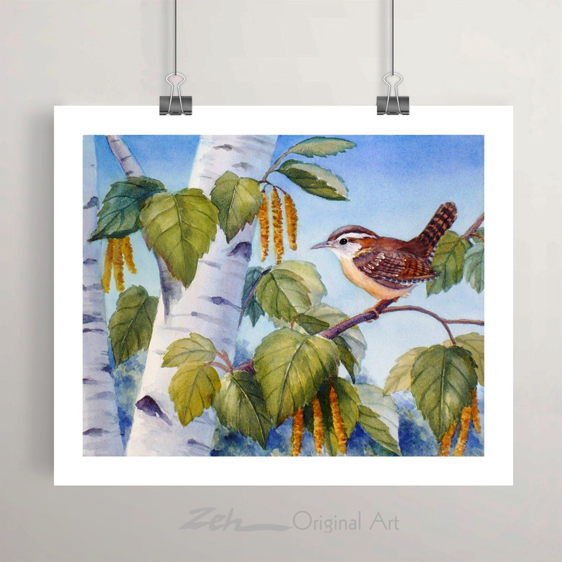 Wren On Birch Tree Branch Catkins Spring Watercolor Bird Art Poster