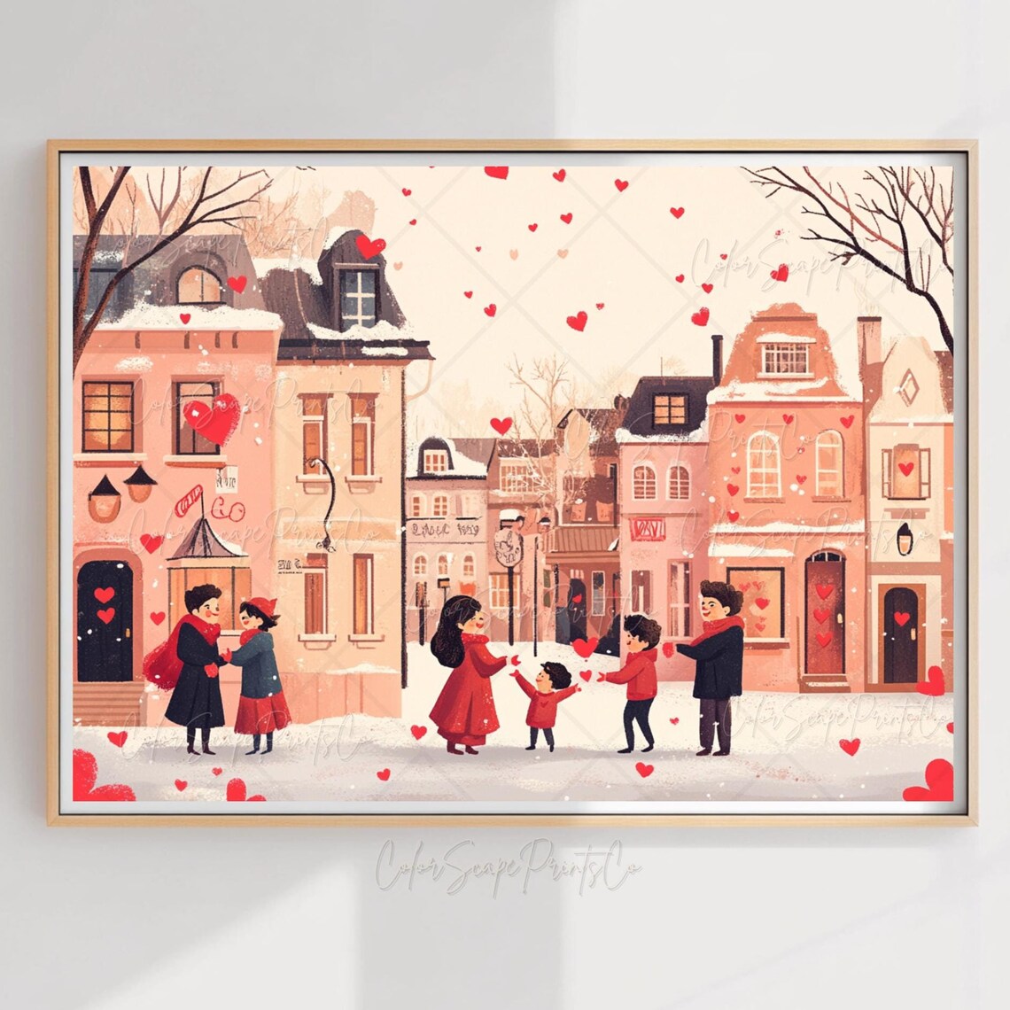 Valentines Day City Street with Falling Hearts Romantic Scene Poster