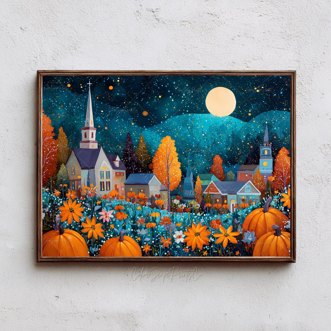 Autumn Village At Night Under Full Moon With Pumpkins Poster