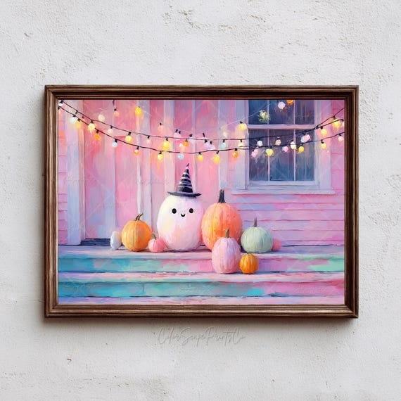 Pastel Halloween House Wall Art Pink Haunted Print Cute Pumpkins Fall Cottage Painting Whimsical Autumn Witch Hat