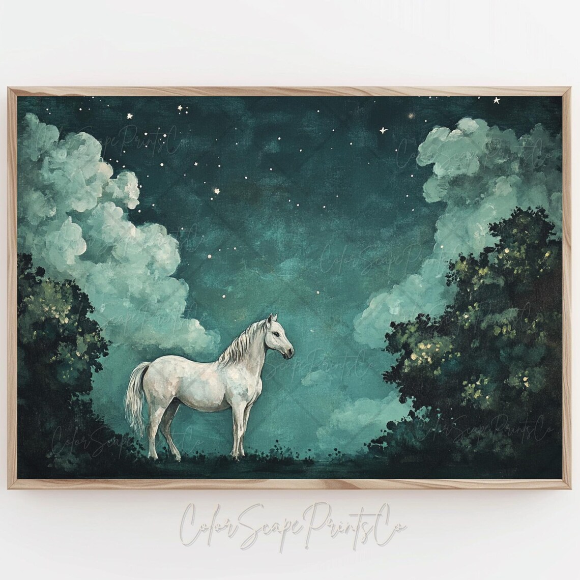Majestic White Horse Beneath a Starry Night Sky Painting Poster