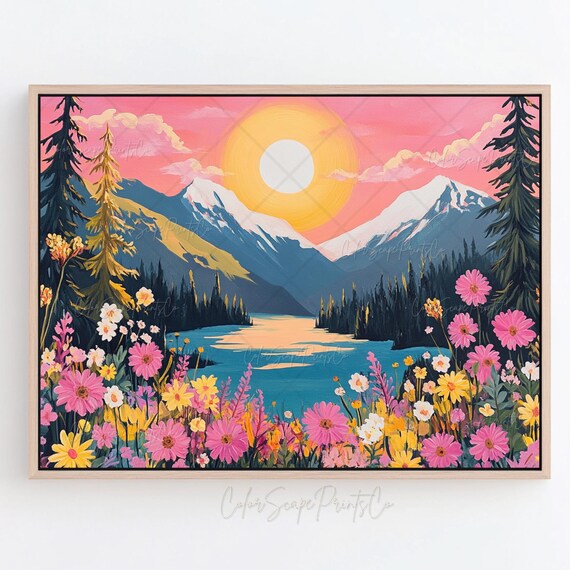 Pink Sunset Mountain Lake with Wildflowers Vibrant Landscape Poster