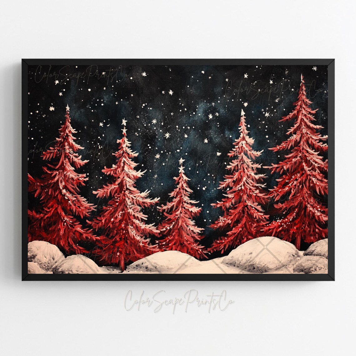 Red Christmas Trees in Snow Under Starry Black Night Sky Art Poster