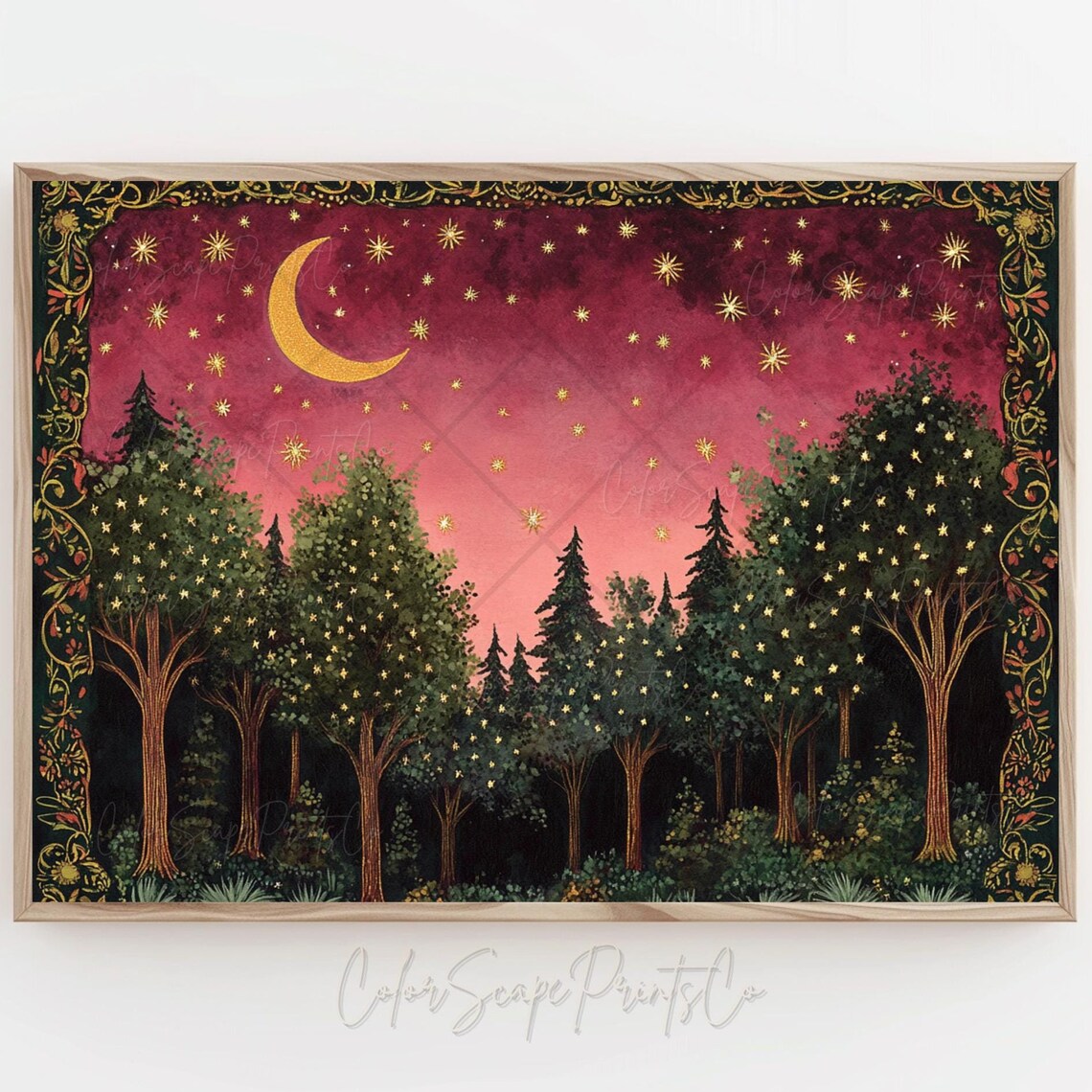 Moon And Stars Enchanted Forest Vintage Landscape Print