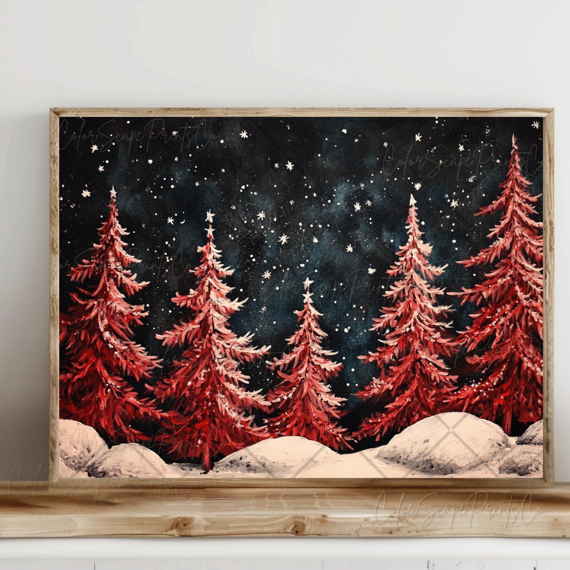 Red Christmas Trees in Snow Under Starry Black Night Sky Art Poster - Image 3
